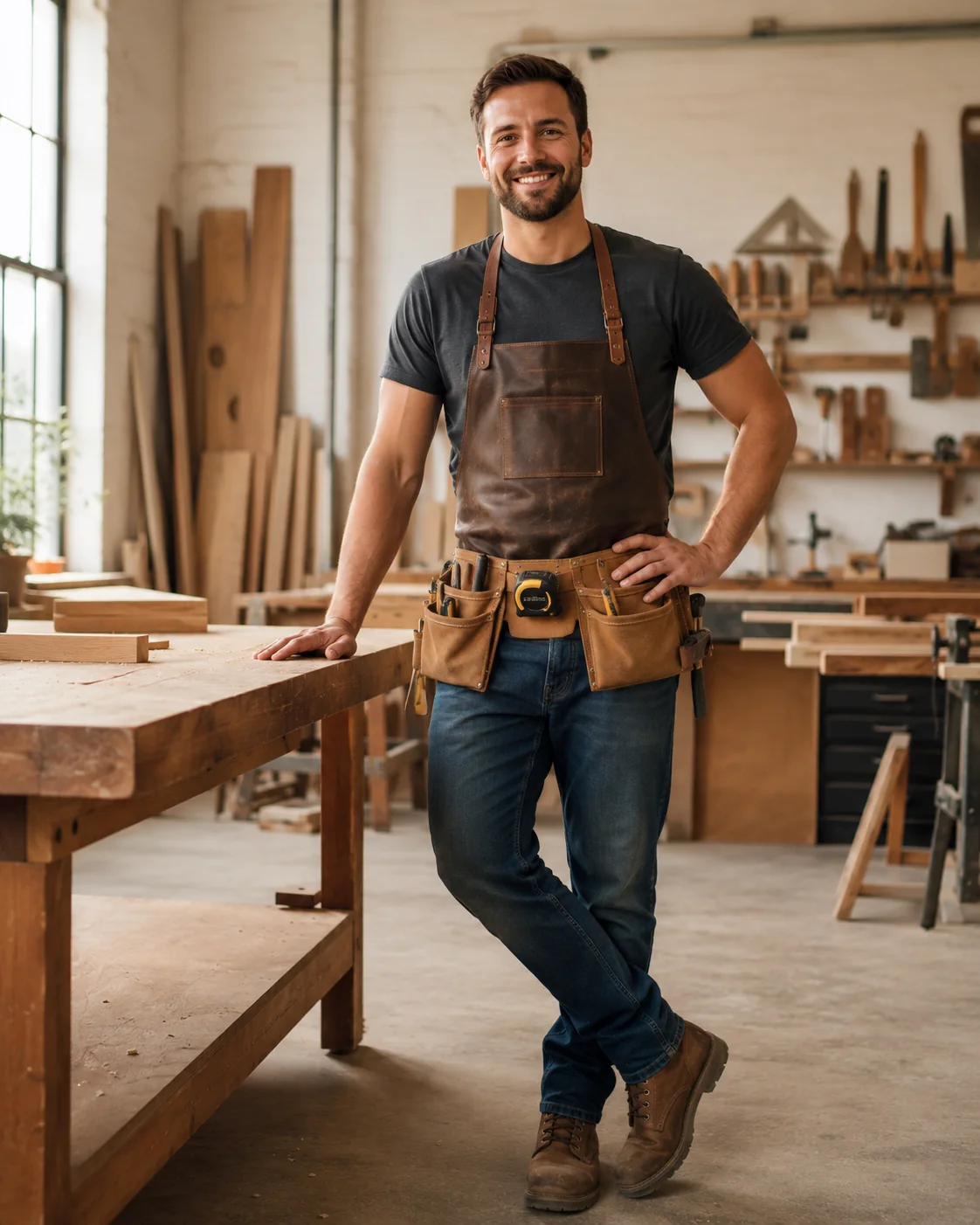 Carpenter standing in a woodworking workshop