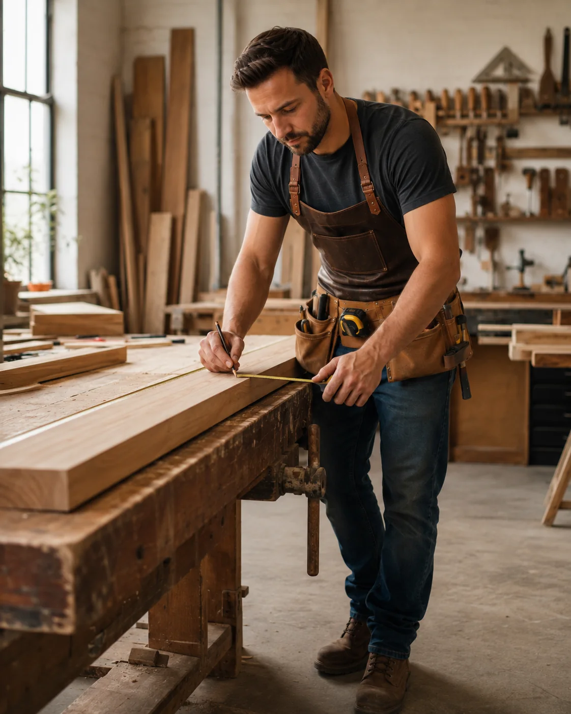 Carpenter measuring a timber board in the workshop
