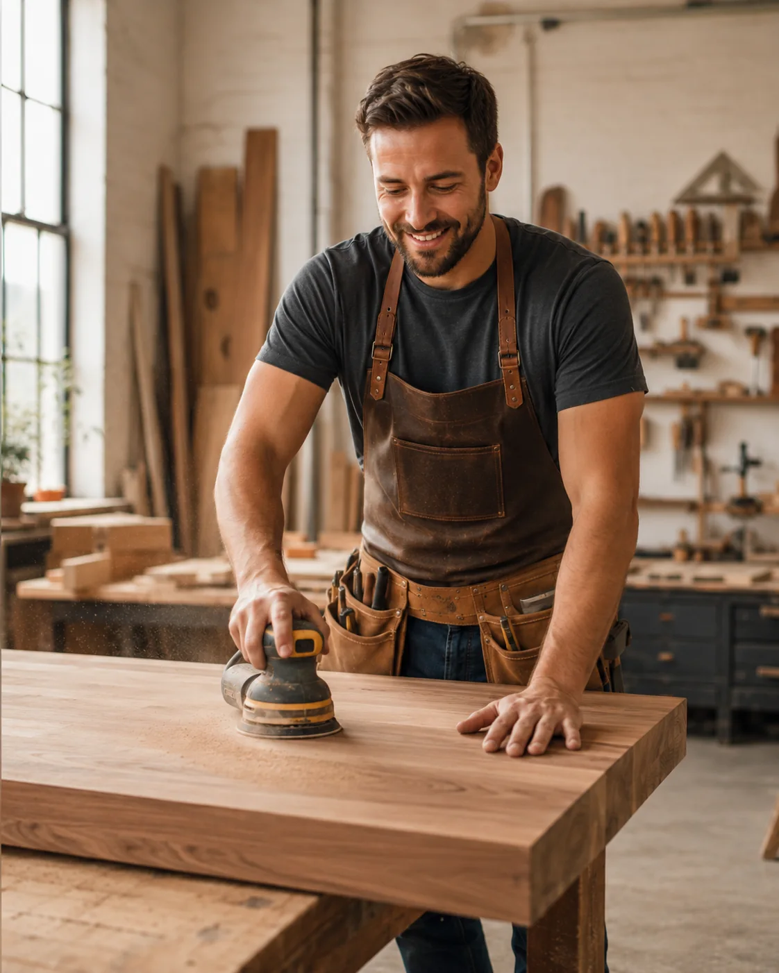 Carpenter sanding a wooden tabletop